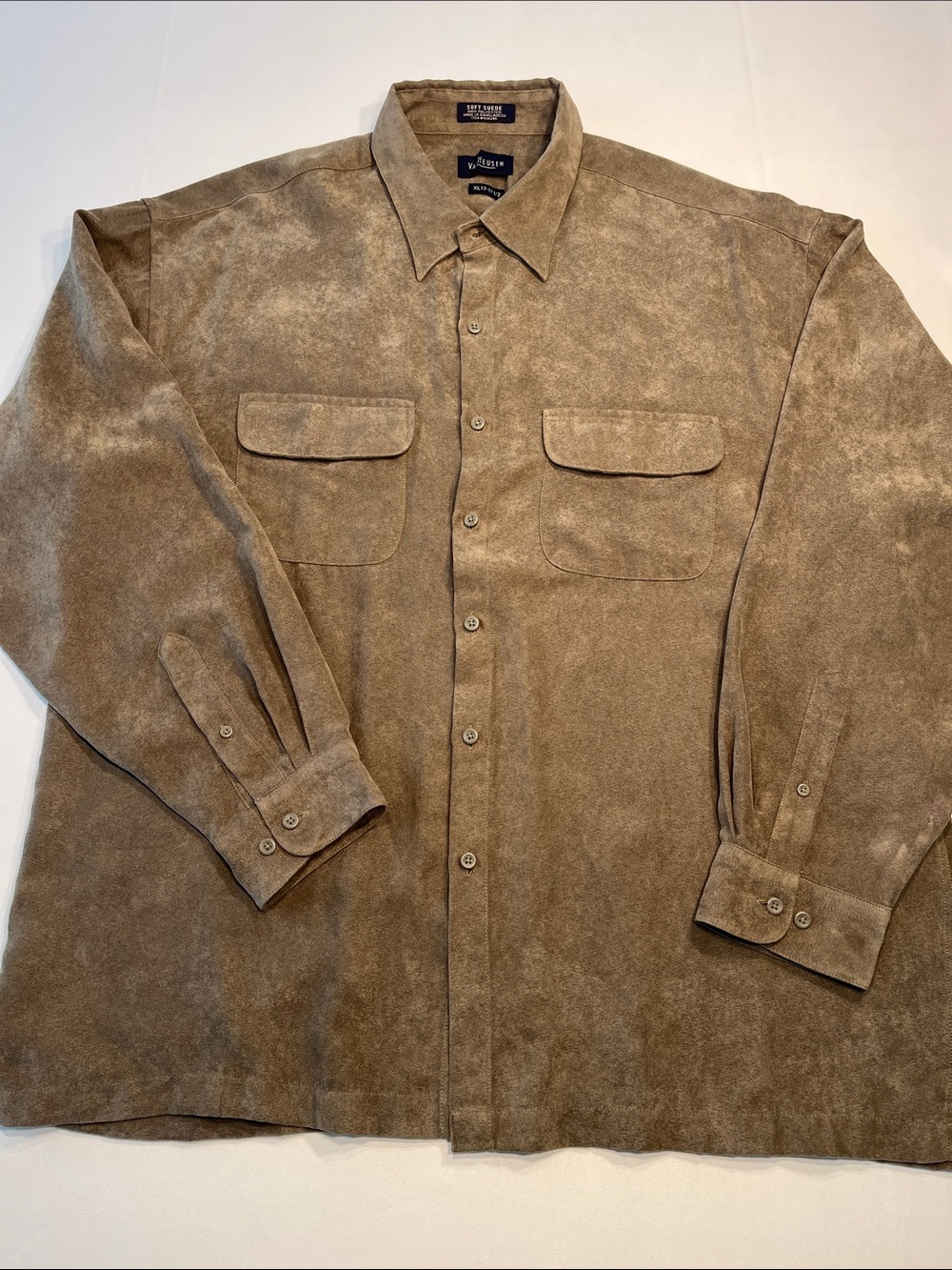 Van Heusen Soft Suede Microfiber Button Up Mens XL Taupe Western Long Sleeve